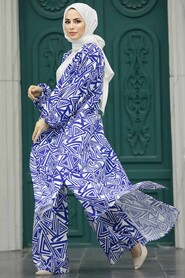  Patterned İndigo Blue Hijab For Women Dual Suit 50048IM - 2