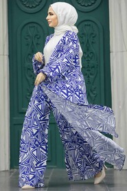  Patterned İndigo Blue Hijab For Women Dual Suit 50048IM - 1