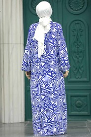  Patterned İndigo Blue Hijab For Women Dual Suit 50048IM - 3