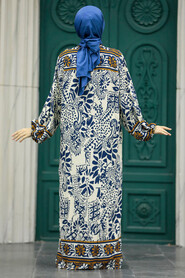  Patterned Navy Blue Hijab For Women Dual Suit 50047L - 3