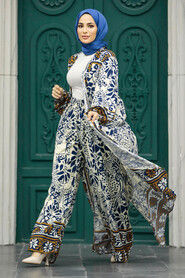  Patterned Navy Blue Hijab For Women Dual Suit 50047L - 1