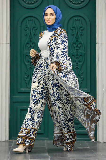  Patterned Navy Blue Hijab For Women Dual Suit 50047L - NEVASTYLE