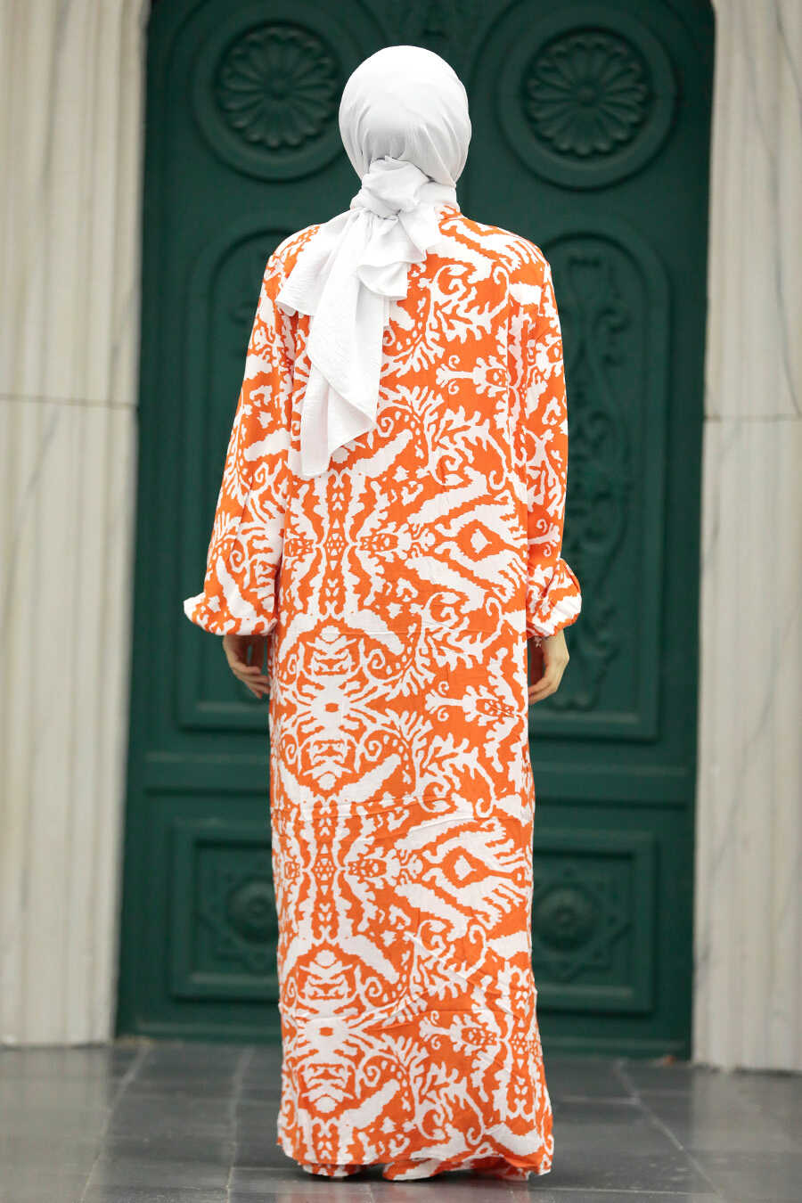 Neva Style - Patterned Orange Hijab For Women Dual Suit 50044T