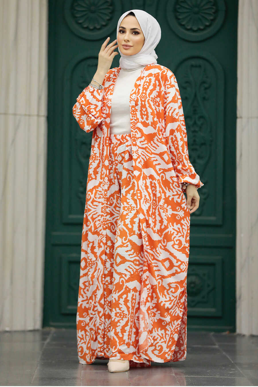 Neva Style - Patterned Orange Hijab For Women Dual Suit 50044T