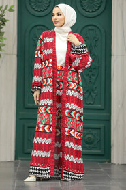  Patterned Red Hijab For Women Dual Suit 50046K - 2