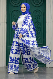  Patterned Sax Blue Hijab For Women Dual Suit 50043SX - 1