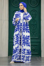  Patterned Sax Blue Hijab For Women Dual Suit 50043SX - 2