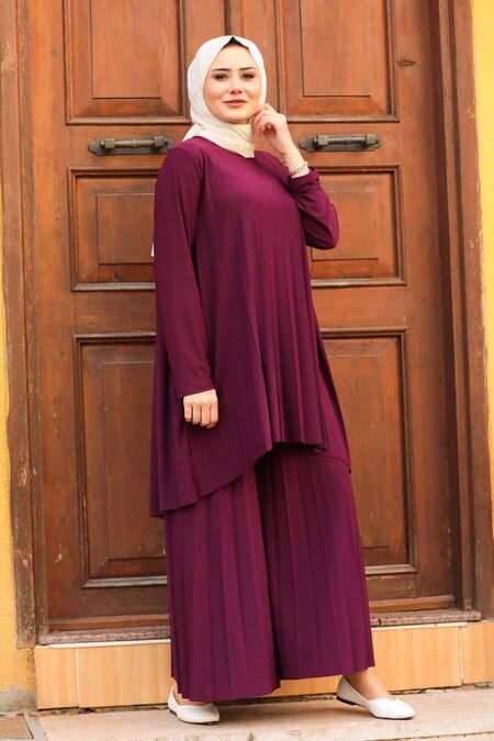  Plum Color Hijab Dual Suit Dress 50054MU - NEVA STYLE