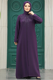 Neva Style - Plum Color Hijab Plus Size Turkish Abaya 10086MU - Thumbnail