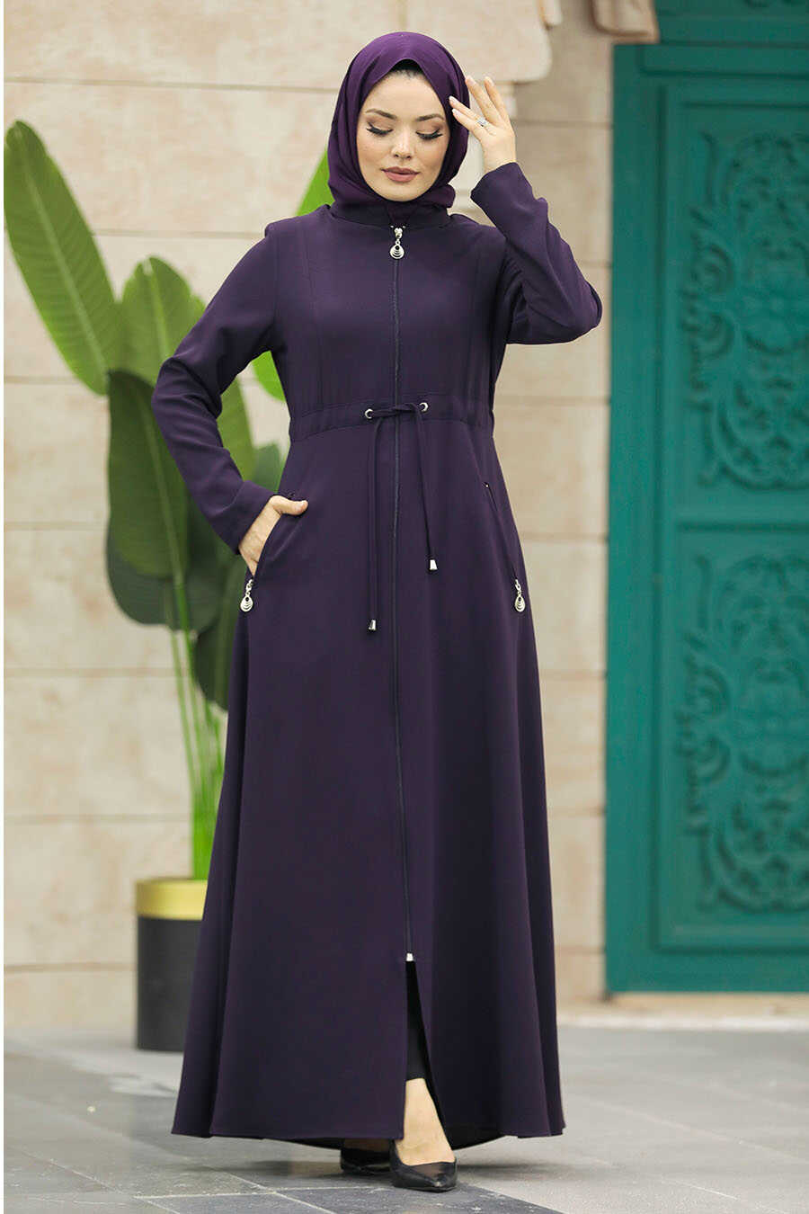 Neva Style - Plum Color Hijab Turkish Abaya 60125MU