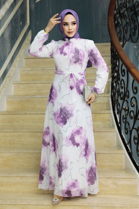  Plum Color Long Muslim Dress 279313MU - NEVA STYLE