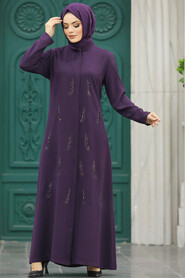 Neva Style - Plum Color Long Sleeve Turkısh Abaya 10106MU - Thumbnail