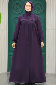  Plum Color Long Sleeve Turkısh Abaya 10533MU - 4