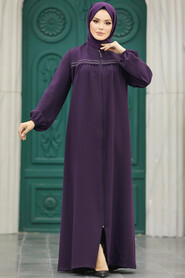  Plum Color Long Sleeve Turkısh Abaya 10533MU - 1