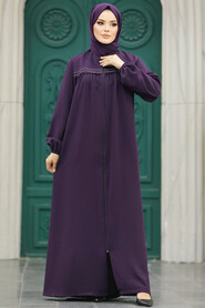  Plum Color Long Sleeve Turkısh Abaya 10533MU - 2