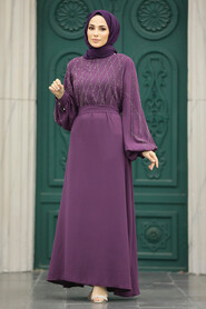  Plum Color Muslim Long Sleeve Dress 20412MU - 1