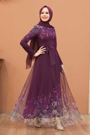  Plum Color Turkish Hijab Long Sleeve Dress 50171MU - 1