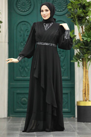  Plus Size Black Islamic Clothing Evening Dress 22201S - 1