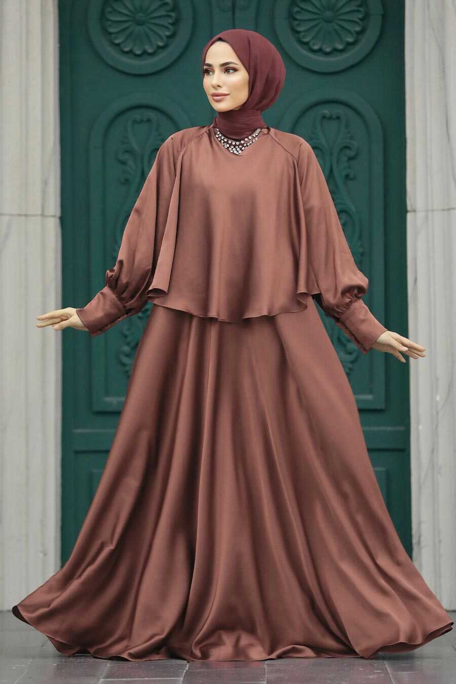 Neva Style - Plus Size Chocolate Hijab Wedding Gown 6051CK