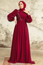  Plus Size Claret Red Islamic Clothing Evening Dress 21940BR - 1