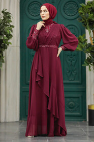 Plus Size Claret Red Islamic Clothing Evening Dress 22201BR - 1