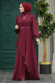  Plus Size Claret Red Islamic Clothing Evening Dress 22201BR - 2