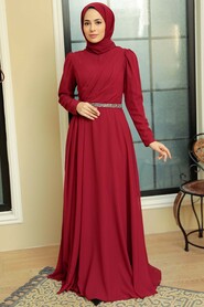  Plus Size Claret Red Islamic Long Sleeve Dress 5737BR - 2