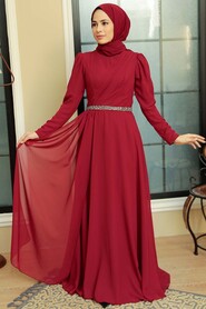  Plus Size Claret Red Islamic Long Sleeve Dress 5737BR - 3