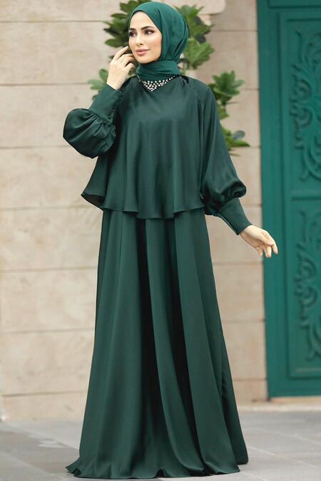 Plus Size Emerald Green Hijab Wedding Gown 6051ZY - Neva-style.com