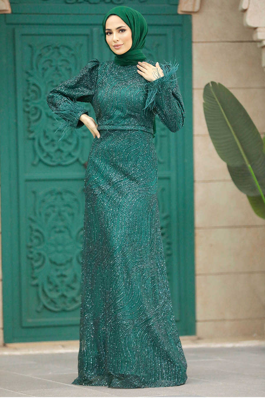 Neva Style - Plus Size Emerald Green Islamic Engagement Gown 2323ZY