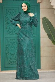 Neva Style - Plus Size Emerald Green Islamic Engagement Gown 2323ZY - Thumbnail