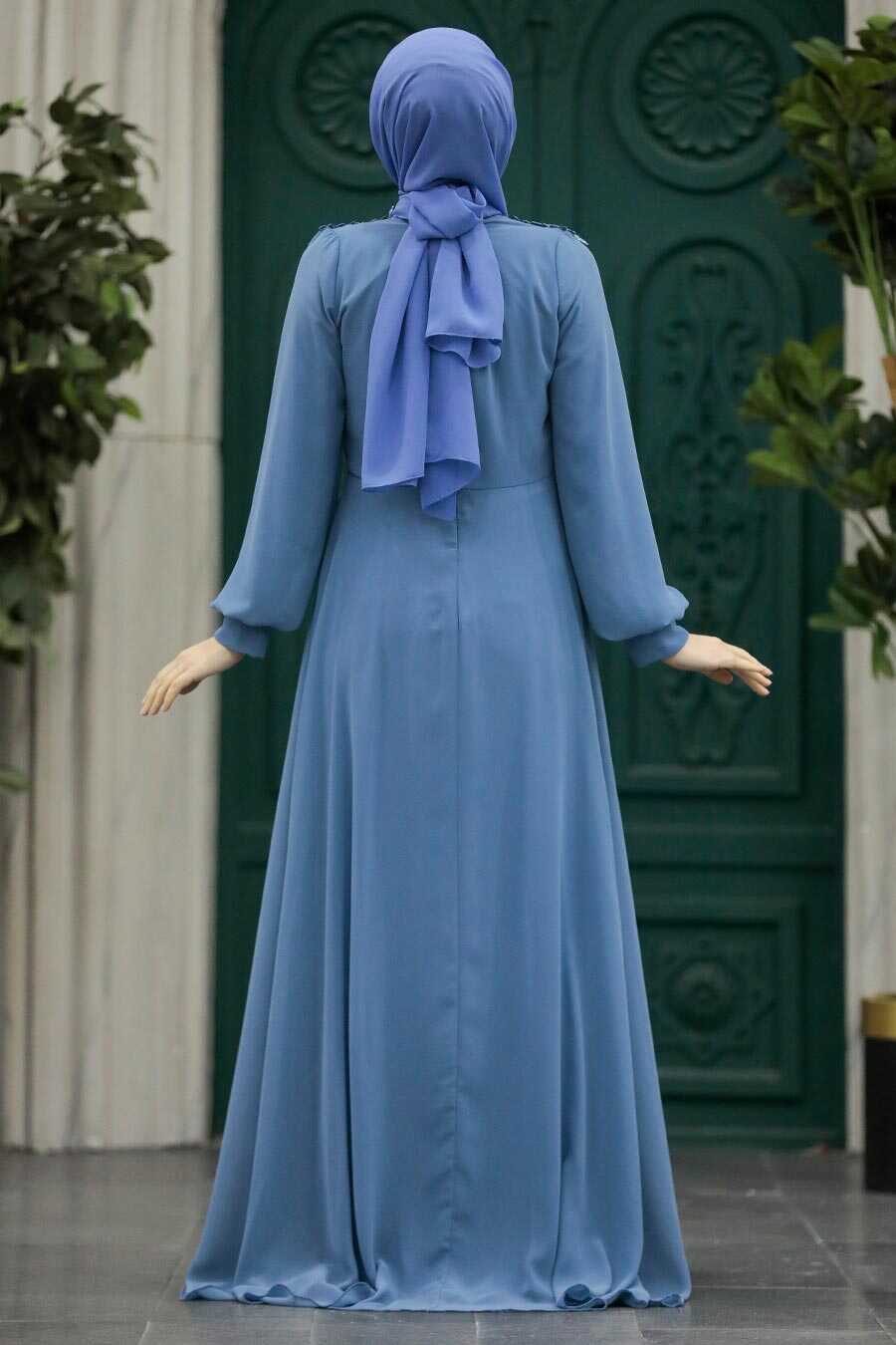 Neva Style - Plus Size İndigo Blue Modest Islamic Clothing Evening Dress 22113IM