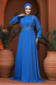  Plus Size İndigo Blue Modest Islamic Clothing Evening Dress 22113IM - 1