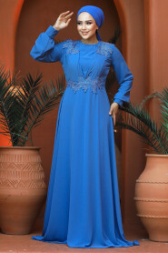  Plus Size İndigo Blue Modest Islamic Clothing Evening Dress 22113IM - 2