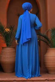  Plus Size İndigo Blue Modest Islamic Clothing Evening Dress 22113IM - 3