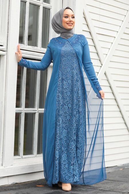  Plus Size İndigo Blue Muslim Fashion Evening Dress 20803IM - NEVA STYLE
