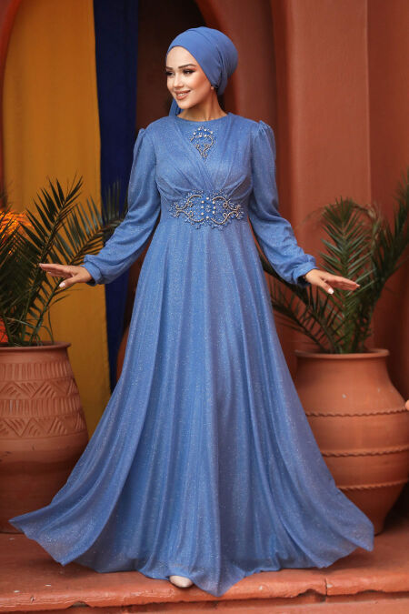  Plus Size İndigo Blue Muslim Prom Dress 50151IM - NEVA STYLE