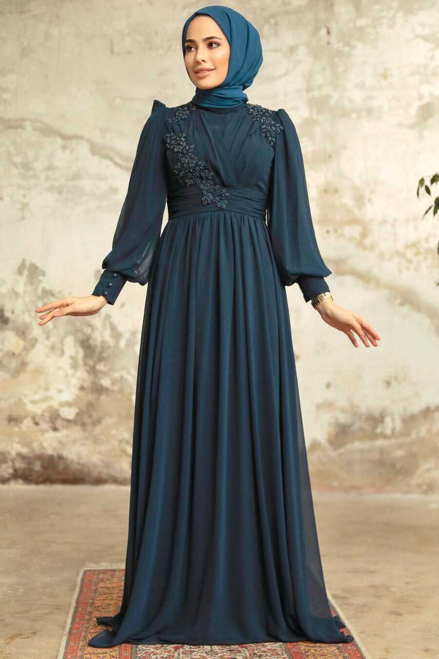  Plus Size Navy Blue Islamic Clothing Evening Dress 21940L