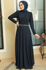  Plus Size Navy Blue Islamic Long Sleeve Dress 5737L - 1