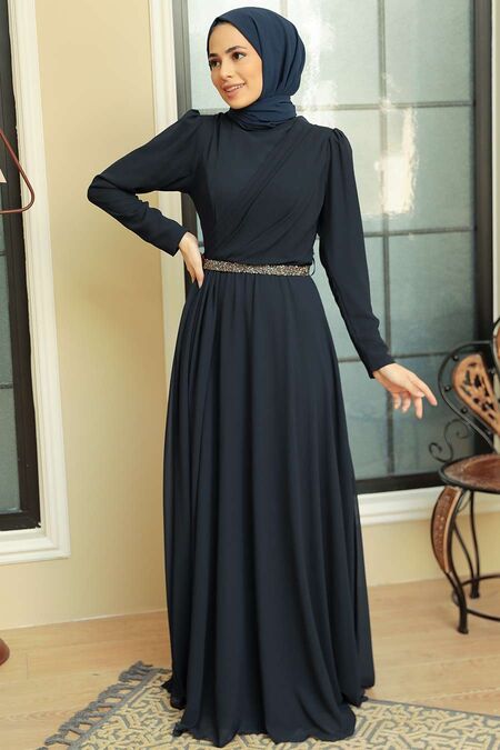  Plus Size Navy Blue Islamic Long Sleeve Dress 5737L - NEVA STYLE