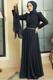  Plus Size Navy Blue Islamic Long Sleeve Dress 5737L - 2