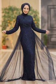  Plus Size Navy Blue Islamic Wedding Dress 5345L - Thumbnail