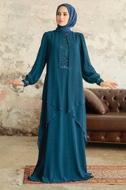  Plus Size Petrol Blue Islamic Evening Dress 25765PM - 2