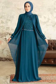  Plus Size Petrol Blue Islamic Evening Dress 25765PM - 1