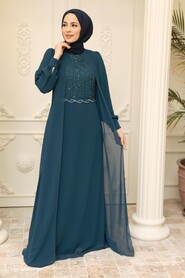  Plus Size Petrol Blue Muslim Dress 25842PM - 3