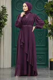  Plus Size Plum Color Islamic Clothing Evening Dress 22201MU - NEVA STYLE