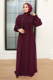  Plus Size Plum Color Islamic Clothing Evening Gown 25814MU - 2