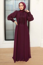  Plus Size Plum Color Islamic Clothing Evening Gown 25814MU - 1