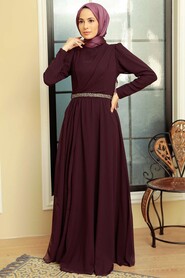  Plus Size Plum Color Islamic Long Sleeve Dress 5737MU - 1