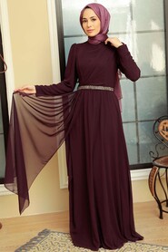  Plus Size Plum Color Islamic Long Sleeve Dress 5737MU - 3
